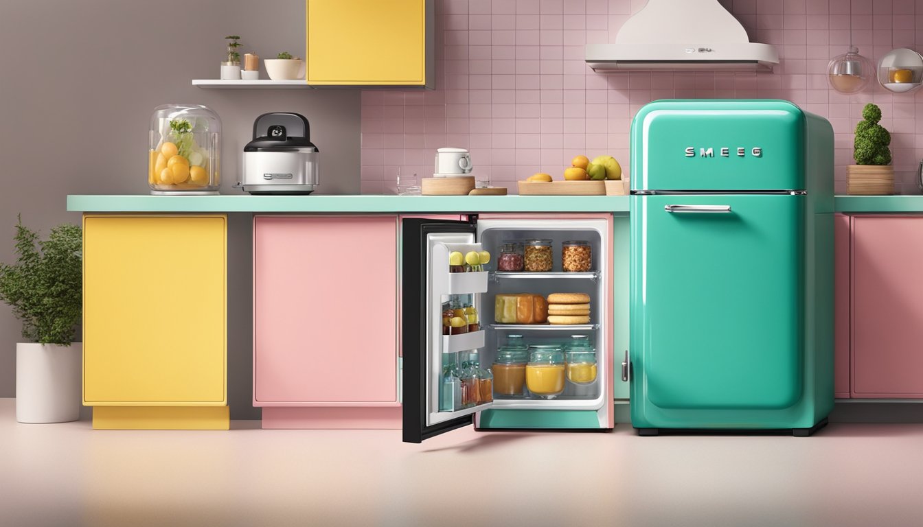 A smeg mini fridge sits on a sleek countertop, its retro design and vibrant color catching the eye. The door is slightly ajar, revealing a neatly organized interior with various food and drink items