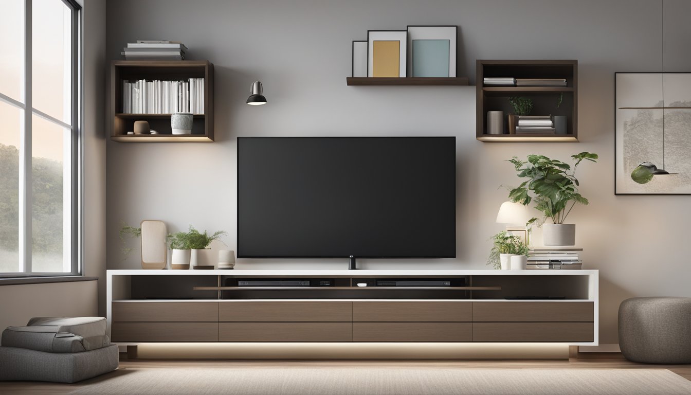 A sleek, simple TV console with clean lines and minimalistic design, featuring a low profile and open shelving for storage