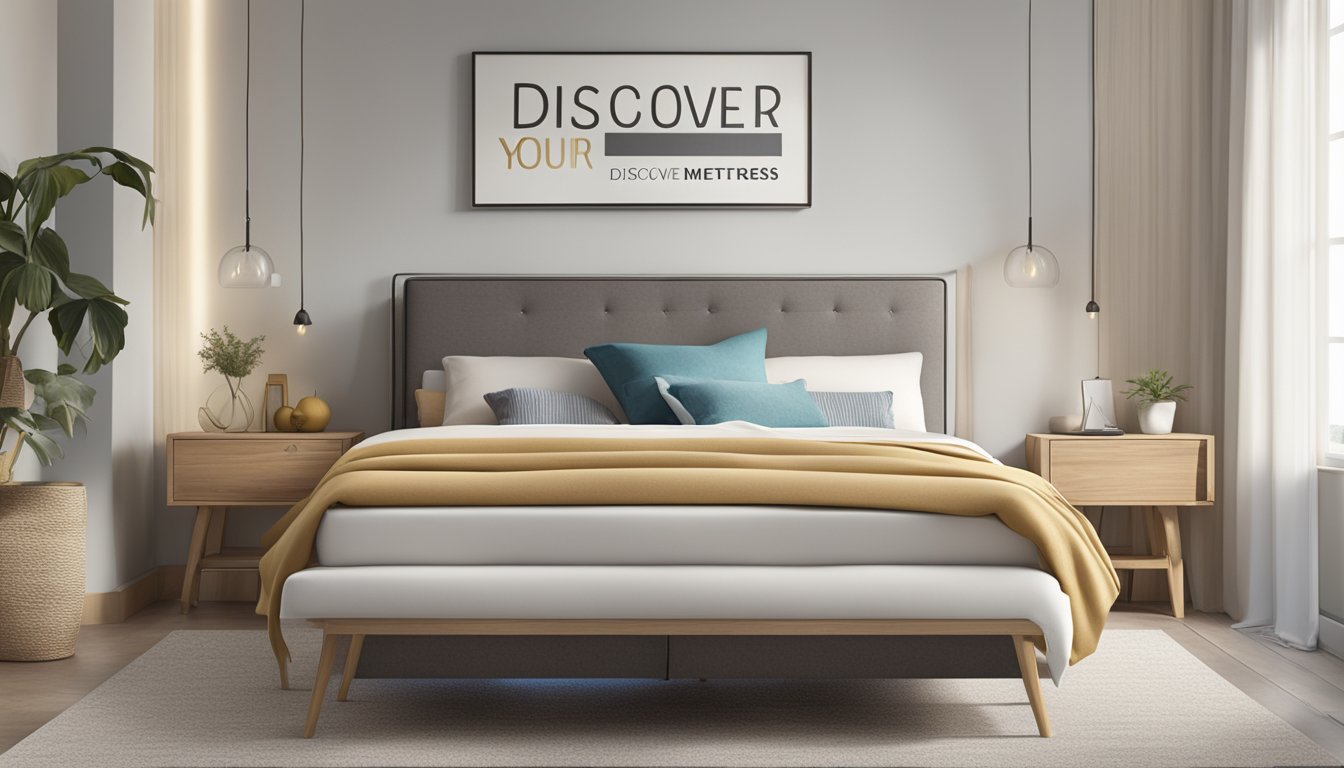 A cozy bedroom with a comfortable mattress, marked with a "Discover Your Perfect Mattress" sign and a discounted price tag