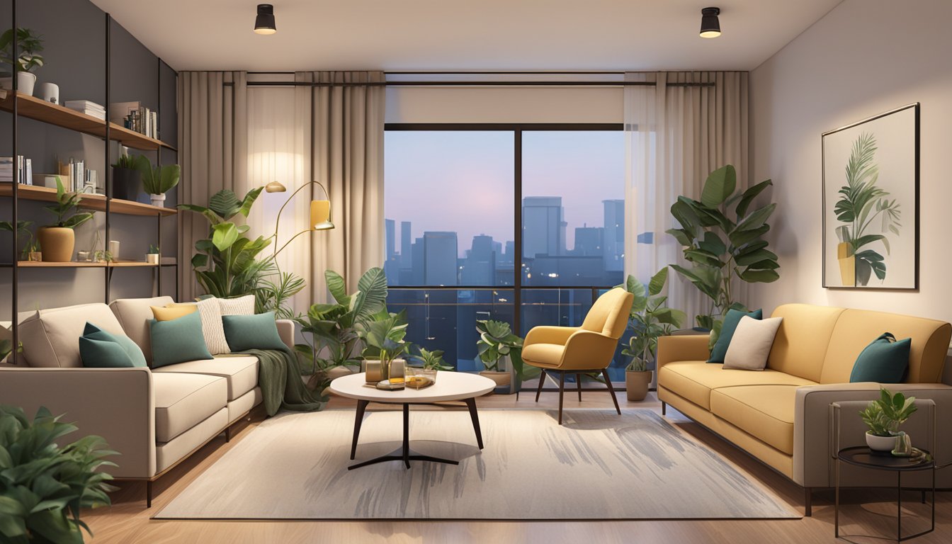 A cozy HDB living room with modern furniture, warm lighting, and personalized decor. A touch of greenery adds freshness to the space