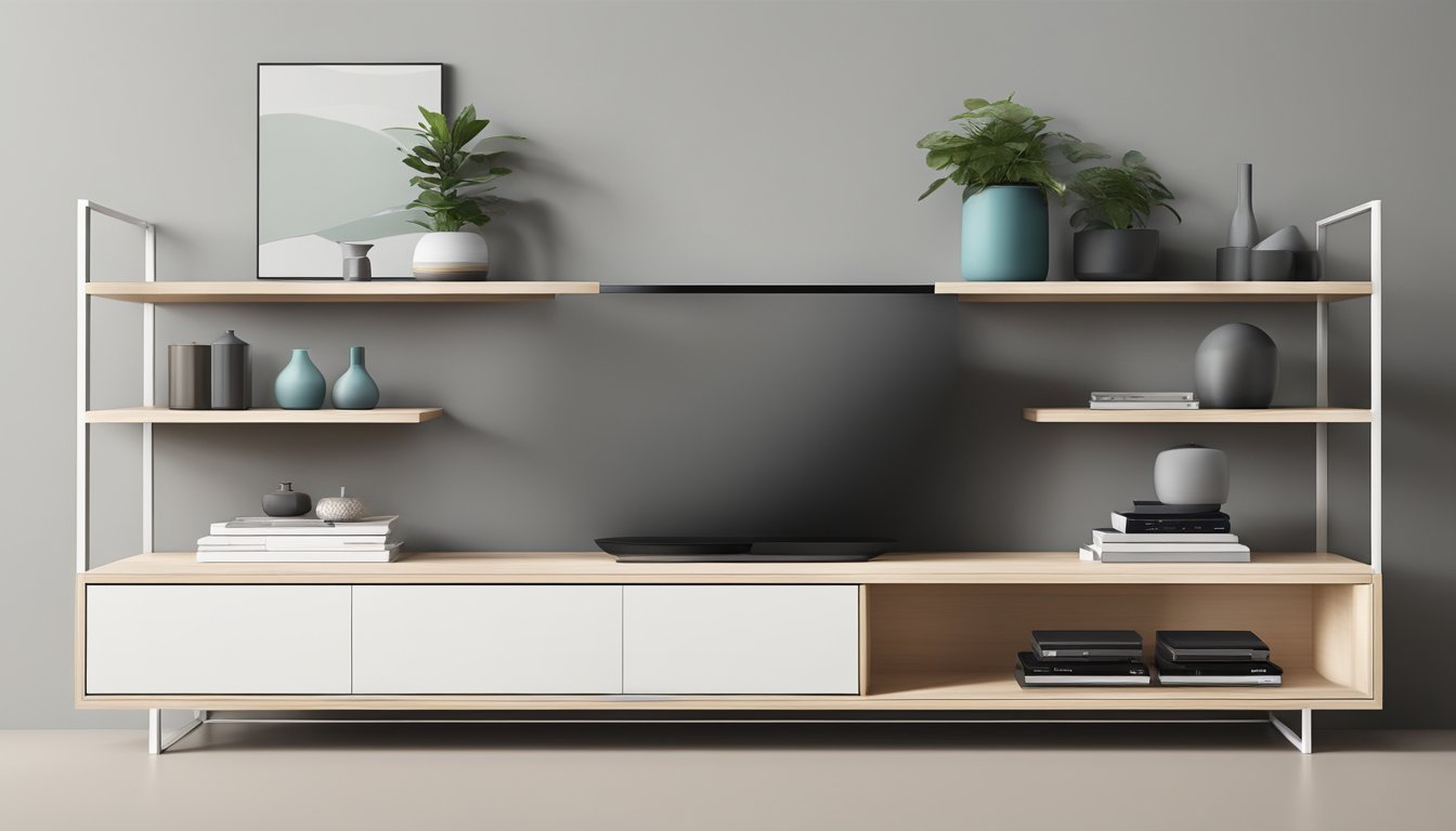 A sleek, modern TV console with clean lines and minimalistic design, featuring open shelving and a simple, uncluttered aesthetic