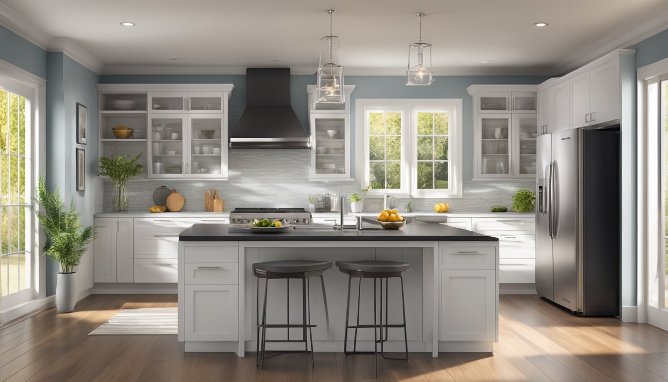 A modern kitchen with a sleek Toshiba Microwave Oven Range as the focal point. Bright lighting and clean countertops highlight the appliance's modern design