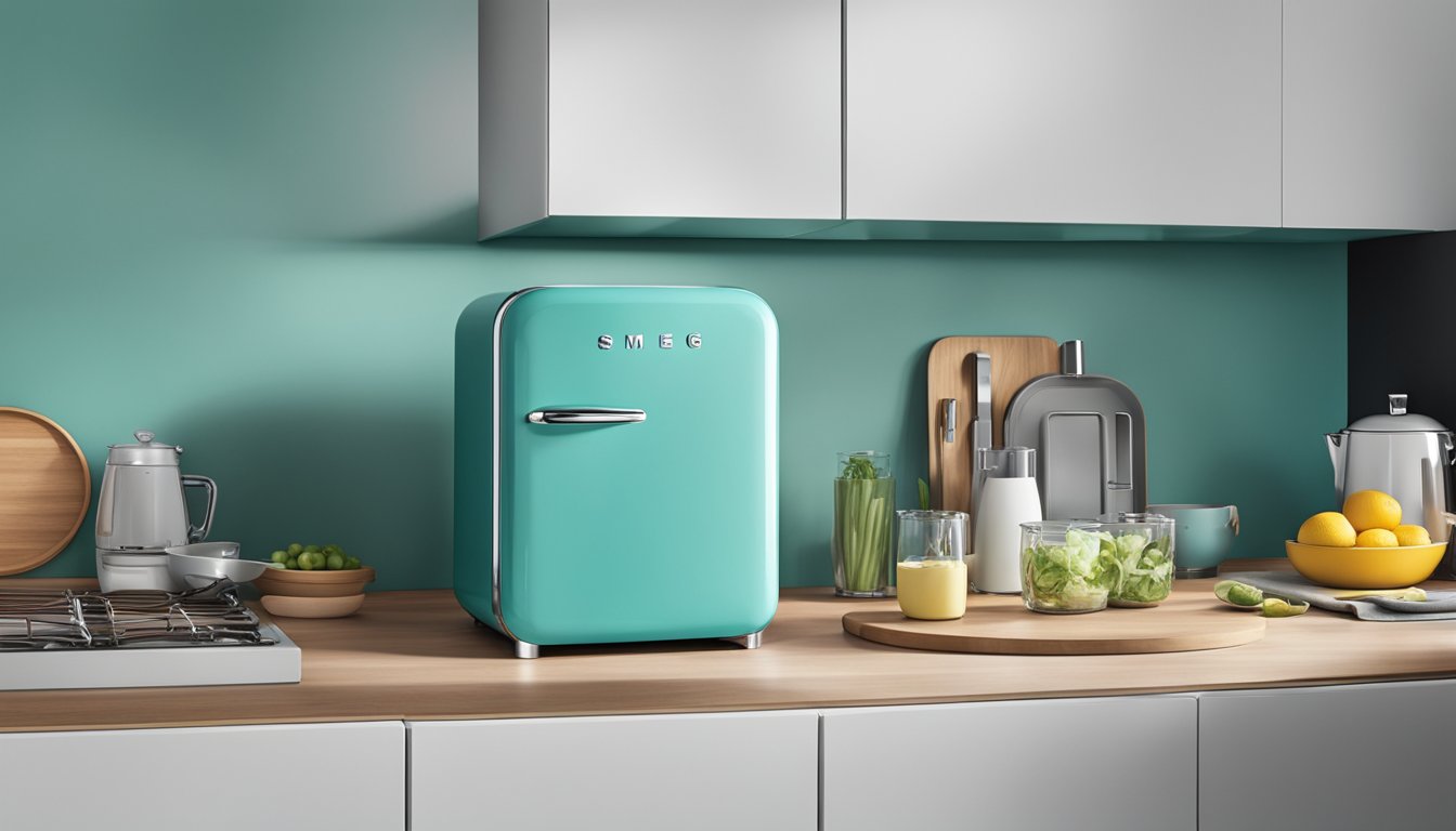 A sleek Smeg mini fridge sits on a modern kitchen countertop, its retro design and vibrant color standing out. The chrome handle and rounded edges add to its stylish appeal