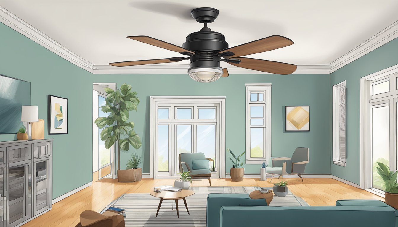 A hand reaches up to adjust the speed of a ceiling fan with a remote control. The fan blades spin overhead, casting a gentle breeze throughout the room