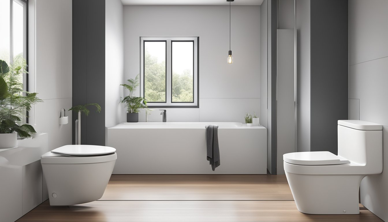 A sleek, modern toilet sits against a backdrop of minimalist, clean lines. The space is revolutionized with innovative storage solutions and stylish fixtures
