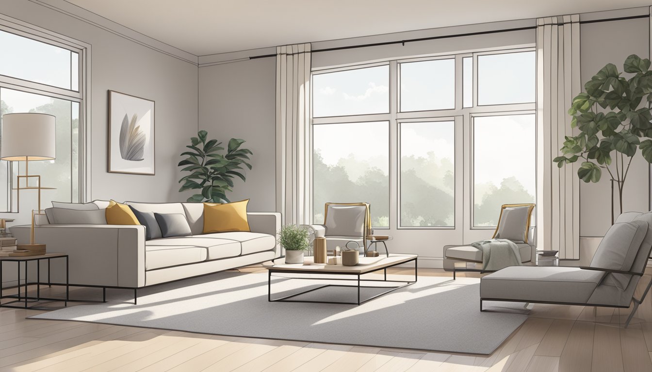 A sleek, minimalist living room with clean lines, neutral colors, and modern furniture. Large windows allow natural light to fill the space, creating a bright and airy atmosphere