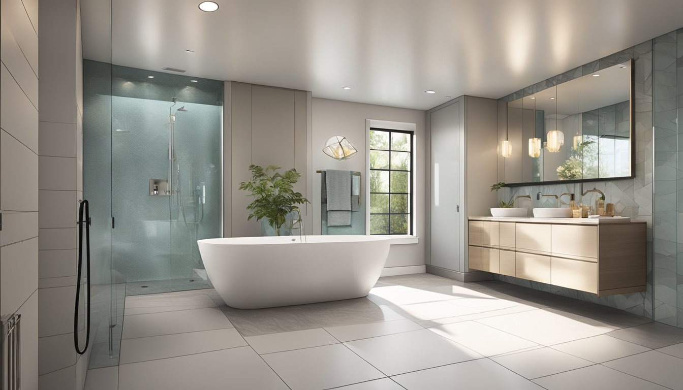 A bathroom with modern fixtures and sleek design. A glass-enclosed shower, floating vanity, and statement tile flooring. Bright lighting and a neutral color palette create a clean and inviting space