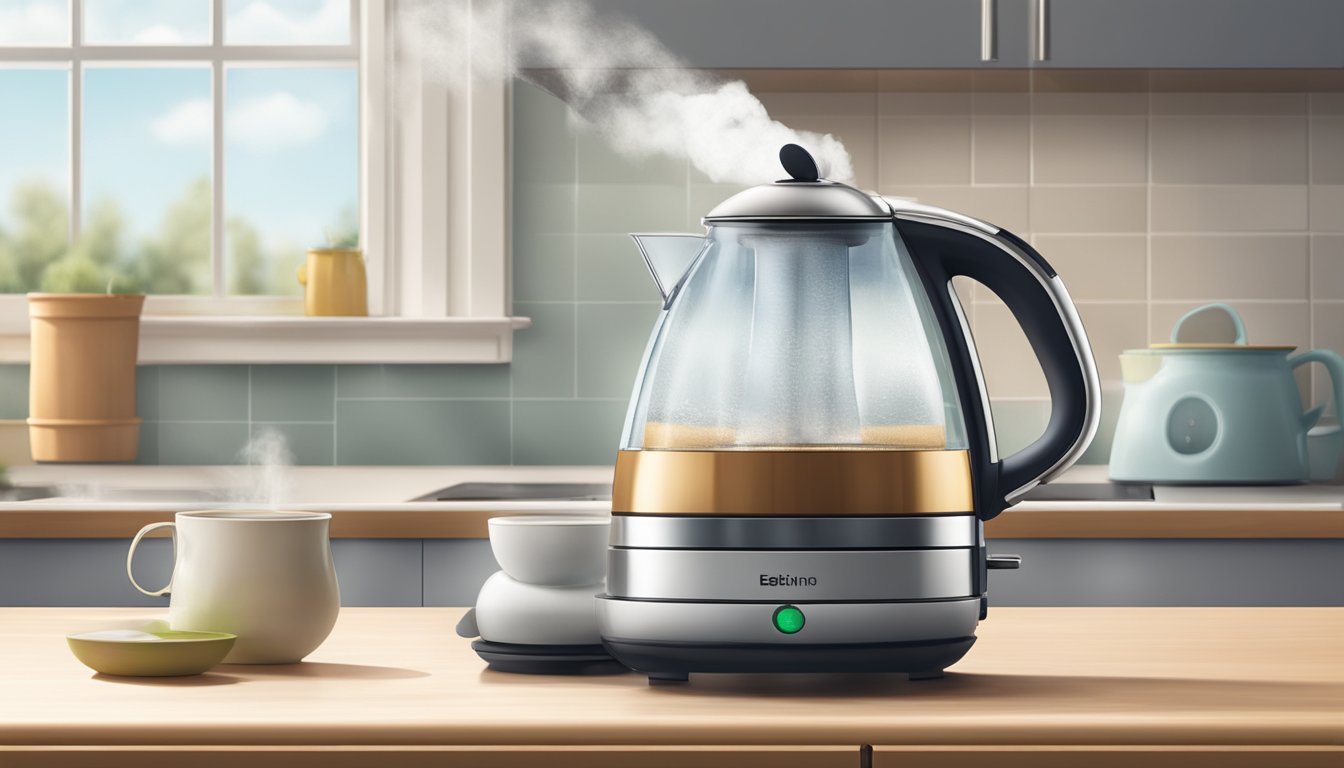 An electronic kettle sits on a kitchen countertop, steam rising from its spout as it boils water