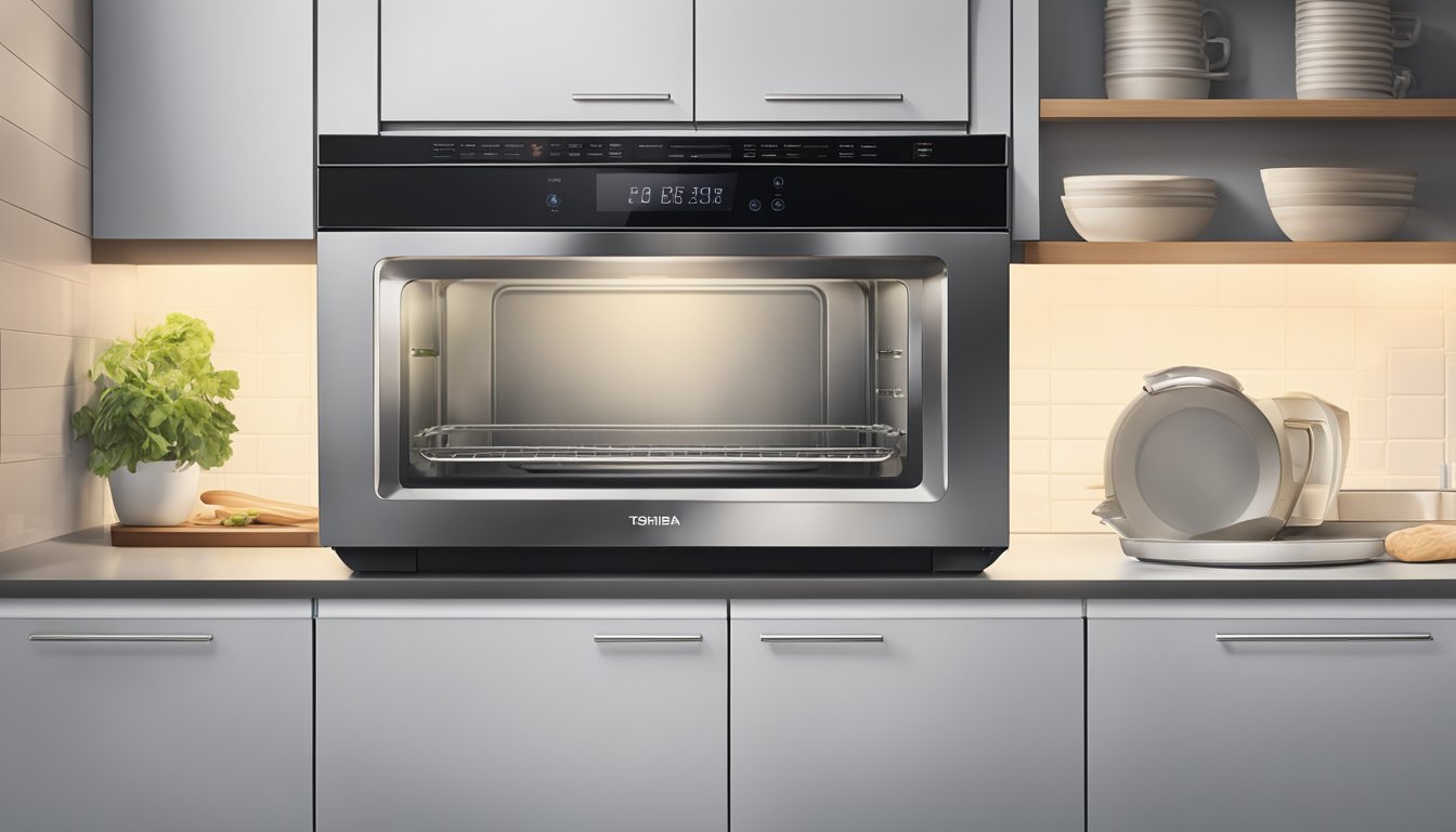 A hand reaches for the sleek Toshiba microwave oven, set against a modern kitchen backdrop with stainless steel appliances and clean countertops