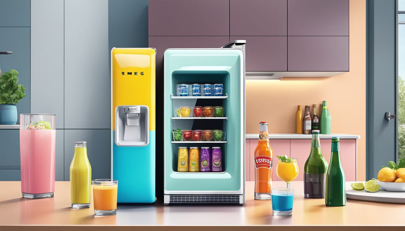 A sleek Smeg mini fridge sits on a countertop, with a stack of colorful beverages inside and a small freezer compartment at the top