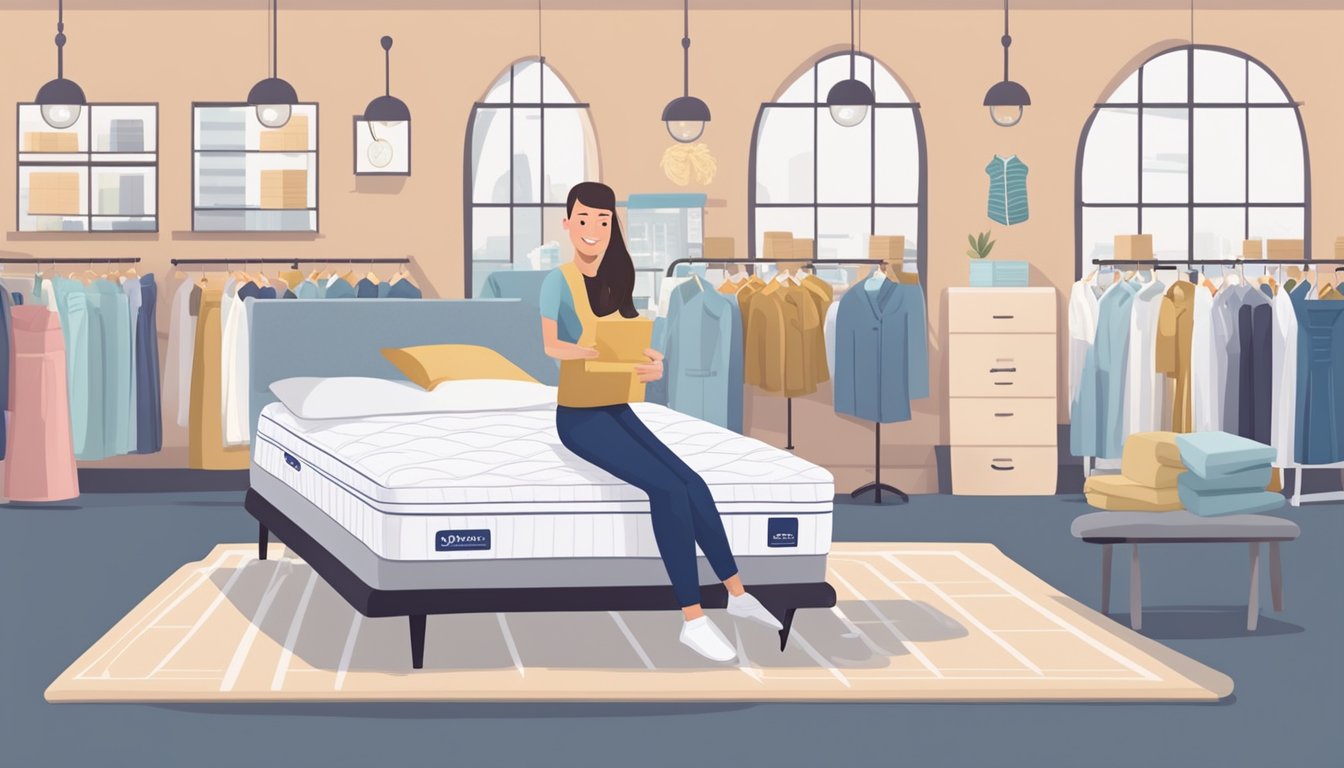 A customer happily selects a discounted mattress at Savvy Shopping and Savings, surrounded by various mattress options and price tags