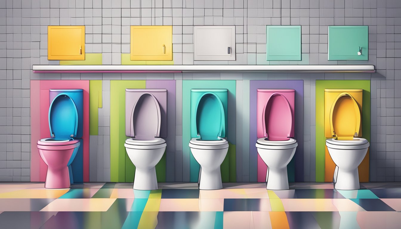 A row of colorful toilets with question marks above them. People stand in line, pointing and discussing