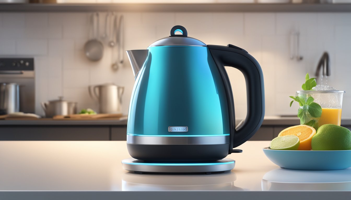 An electric kettle sits on a kitchen countertop, steam rising from the spout as it boils water. The kettle's sleek, modern design and glowing power indicator add to the futuristic feel