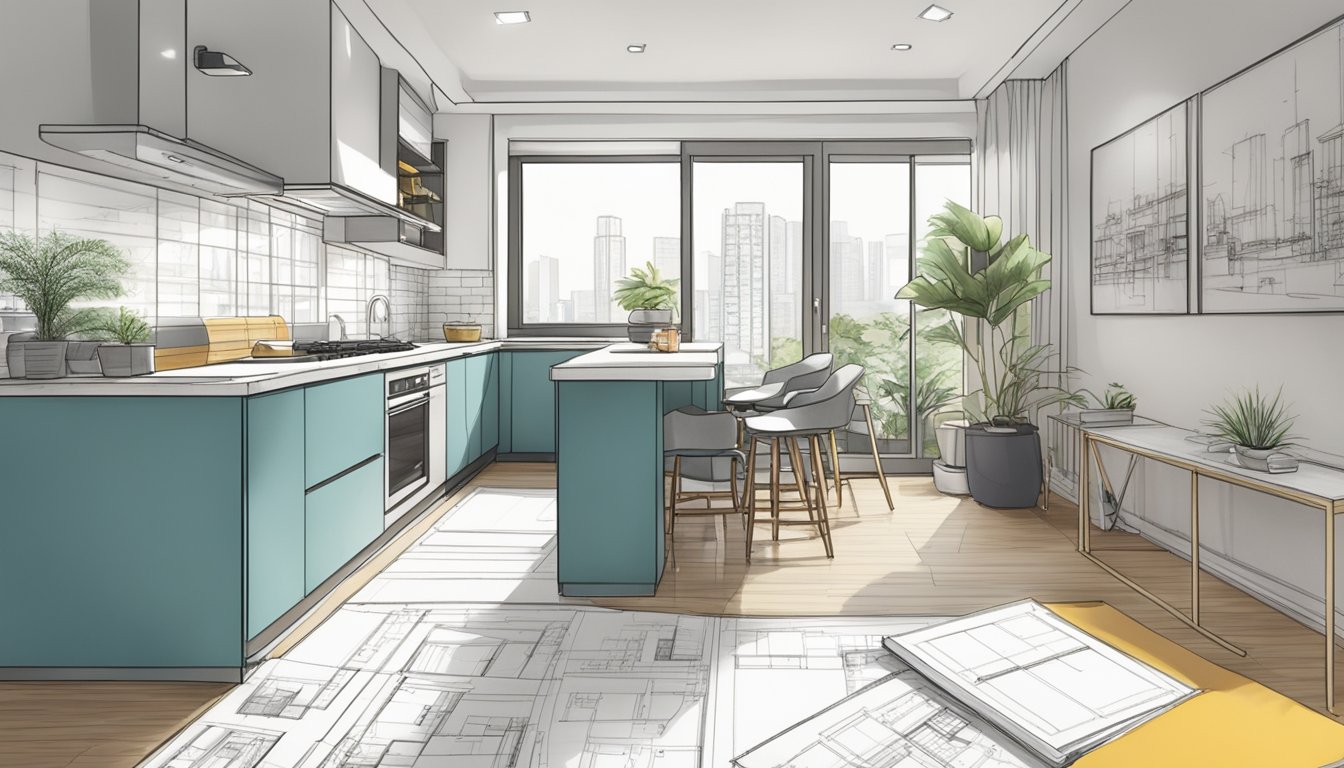 A designer sketches floor plans, selects materials, and oversees construction in a modern HDB interior design project in Singapore