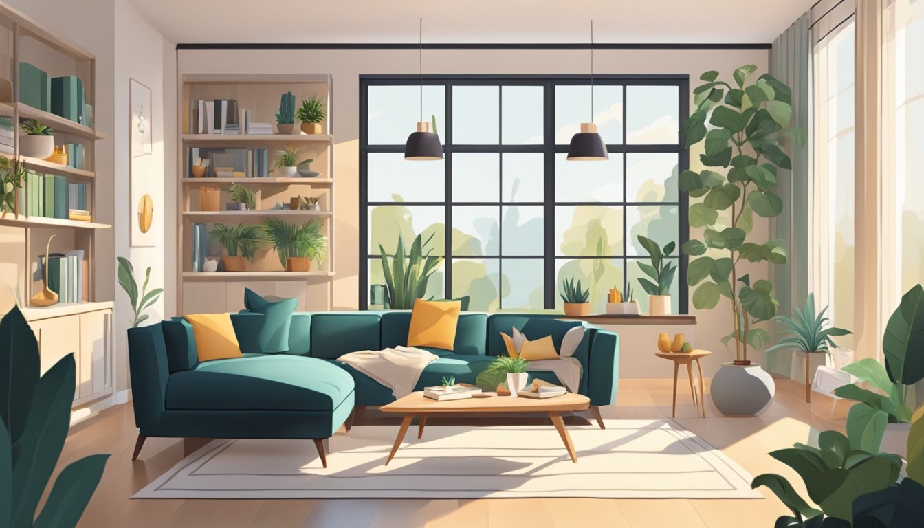 A cozy living room with a modern U-shaped sofa, a sleek coffee table, and a stylish bookshelf filled with decorative items and plants. The room is bathed in natural light from large windows, creating a warm and inviting atmosphere