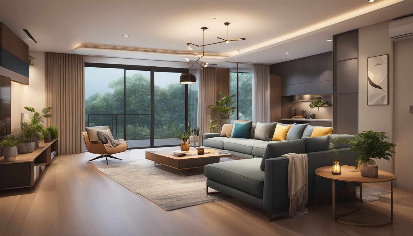 A cozy living room with modern furniture and warm lighting, showcasing a sleek HDB interior design in Singapore