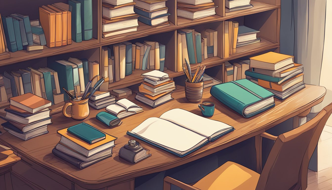 A cluttered study desk with open shelves, scattered books, and a desk lamp