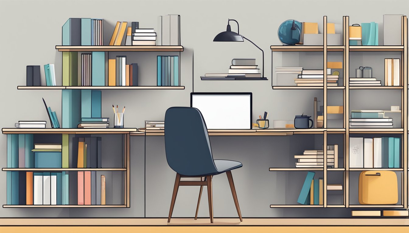 A study desk with shelves stands against a wall. The desk is sleek and modern, with clean lines and a minimalist design. The shelves are neatly organized with books and study materials