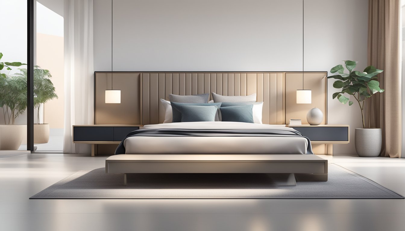 A modern bed with sleek lines and a minimalist side table. Clean, geometric design with neutral colors and simple, elegant details