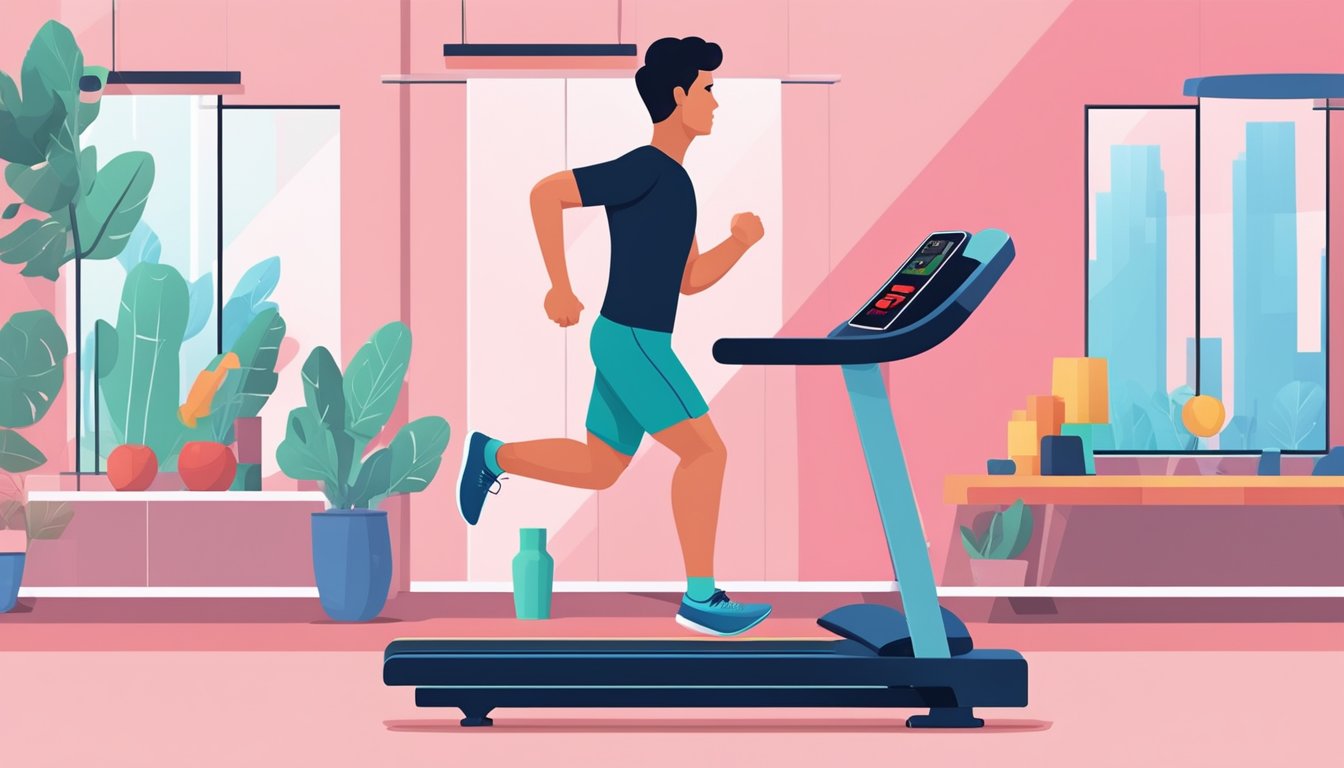 A person running on a treadmill with a heart rate monitor displaying the maximum safe heart rate during exercise