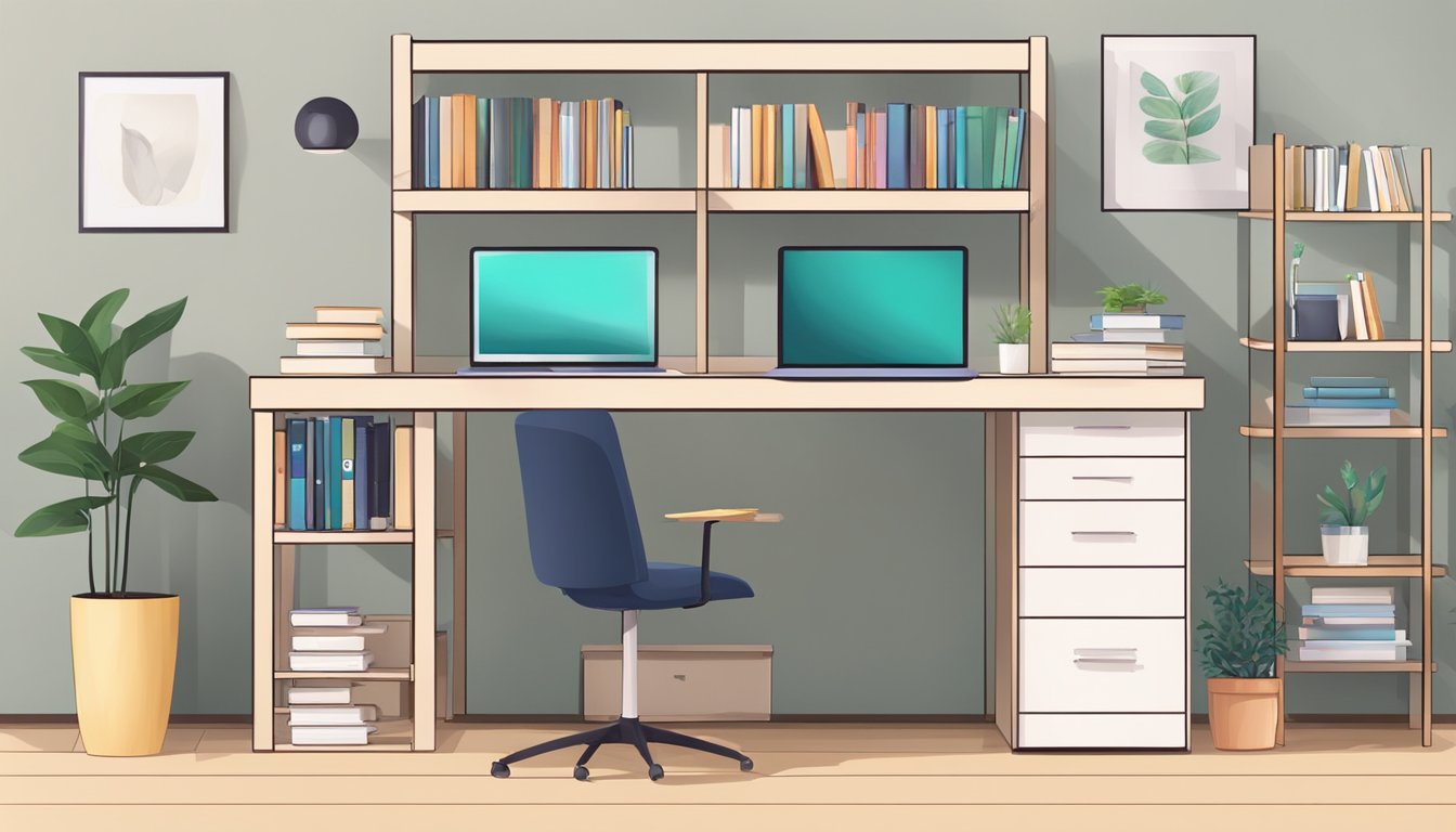 A customer buys a study desk with shelves. They assemble it at home and organize books and supplies on the shelves