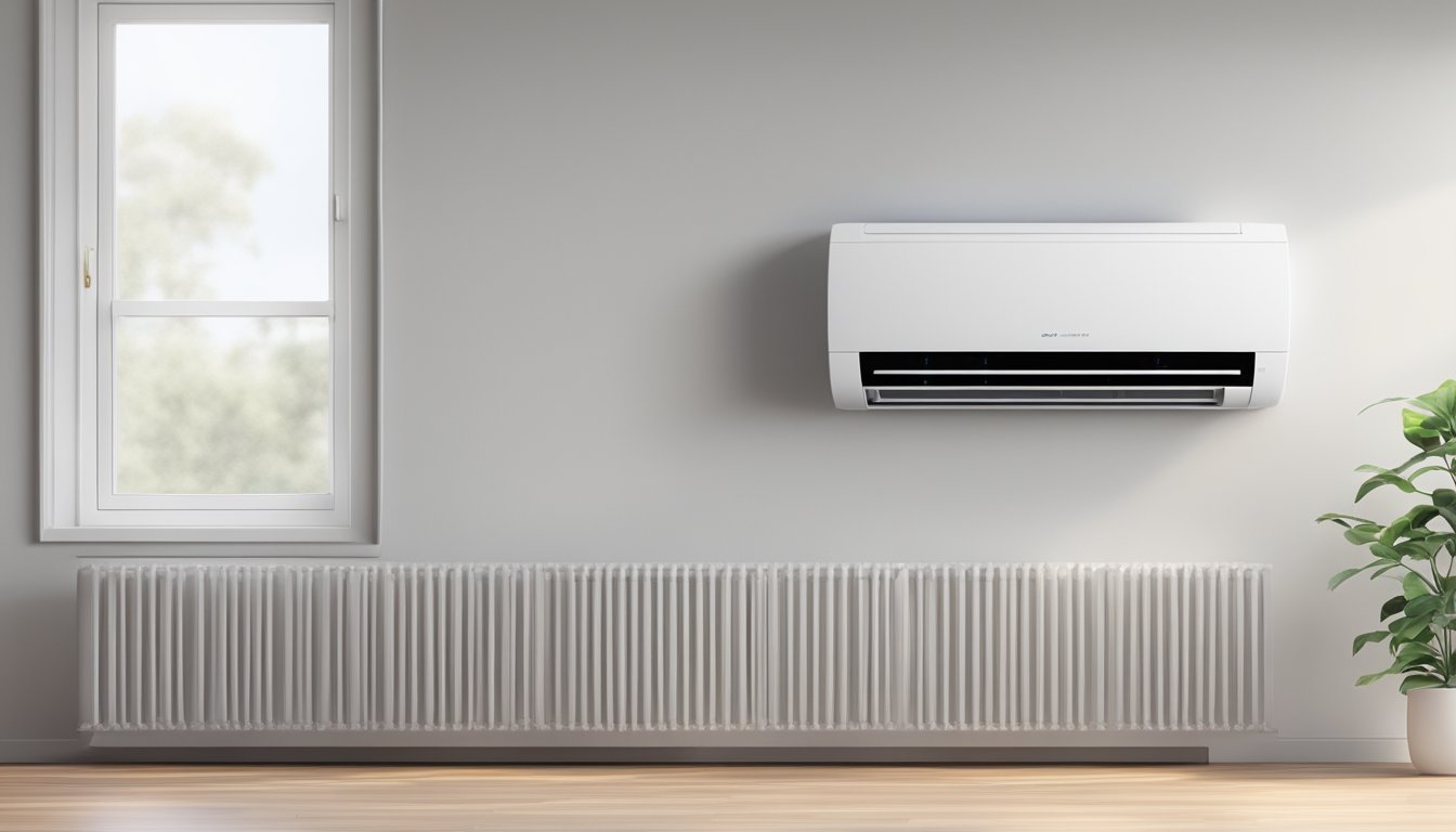 A modern air conditioning unit sits on a clean white wall, surrounded by a digital thermostat and a sleek remote control