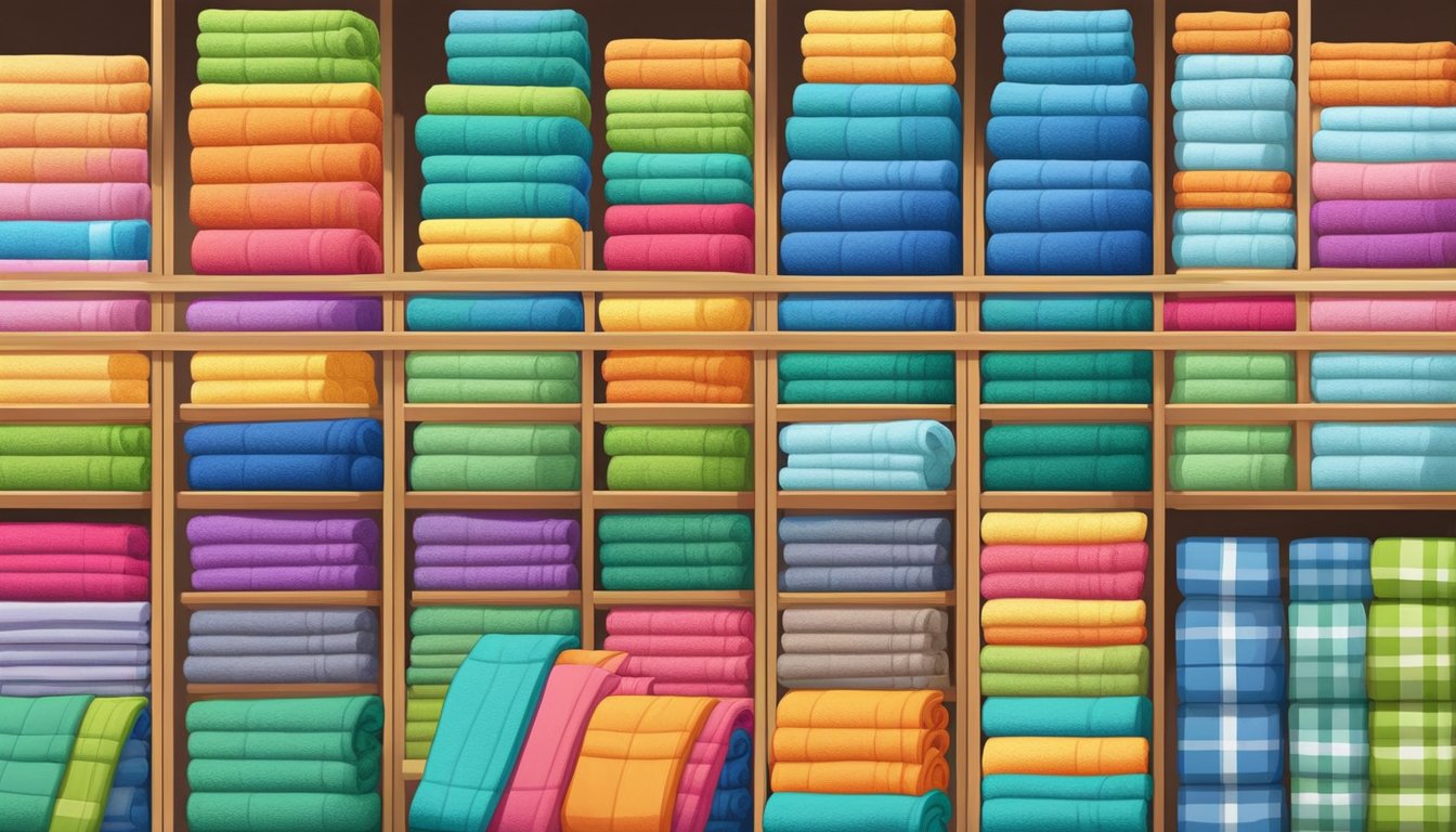 Colorful towels stacked on shelves in a discount store in Singapore. Bright, cheap options for beach or bath