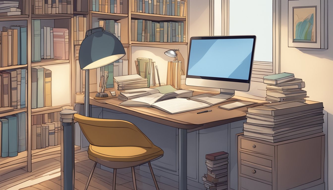 A study desk with built-in shelves holds stacks of books and papers, a laptop, and a desk lamp. The desk is cluttered but organized, with a notepad and pen ready for use