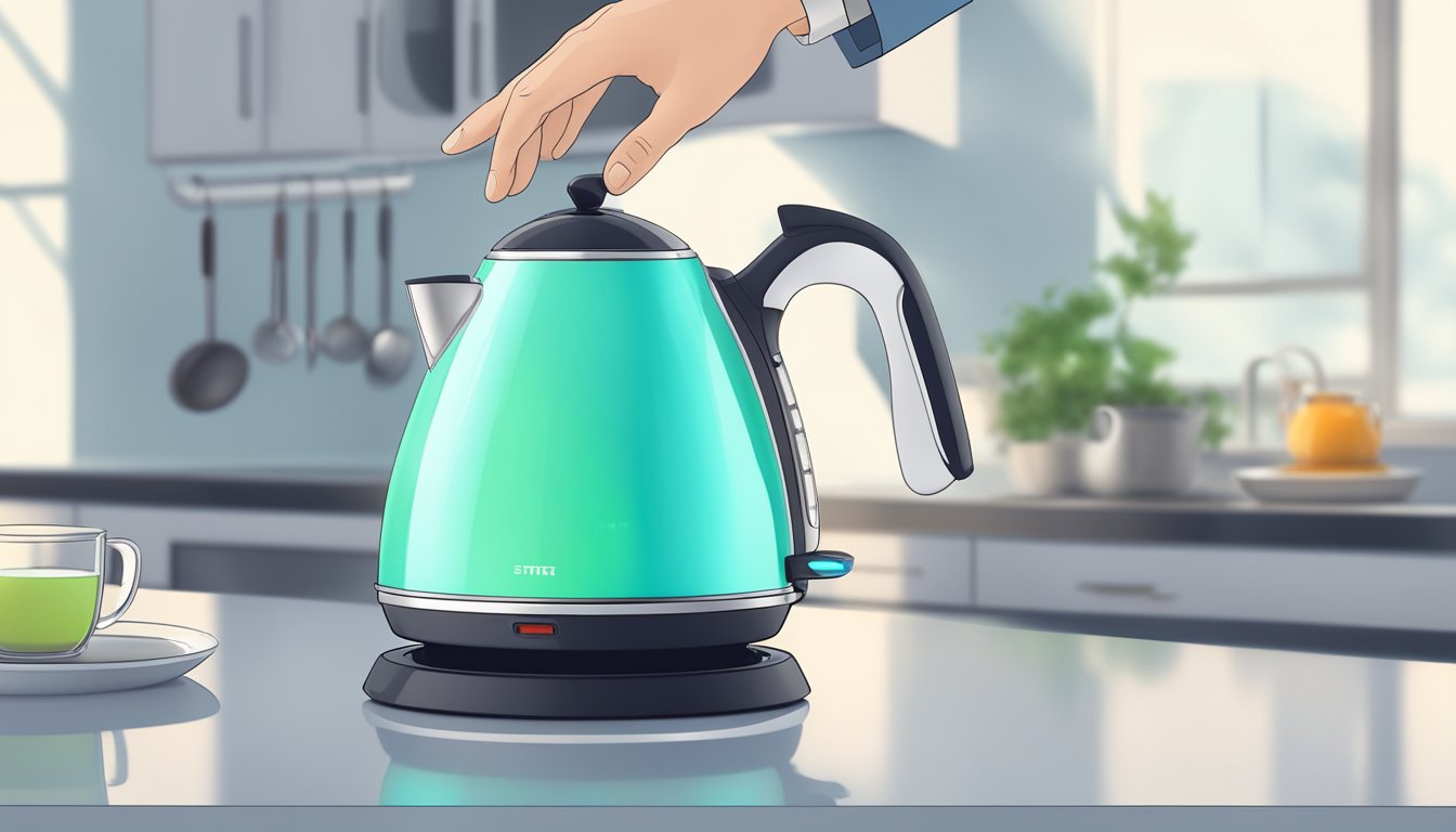 A hand reaches for a sleek electric kettle on a kitchen counter, with steam rising from the spout and a glowing power indicator