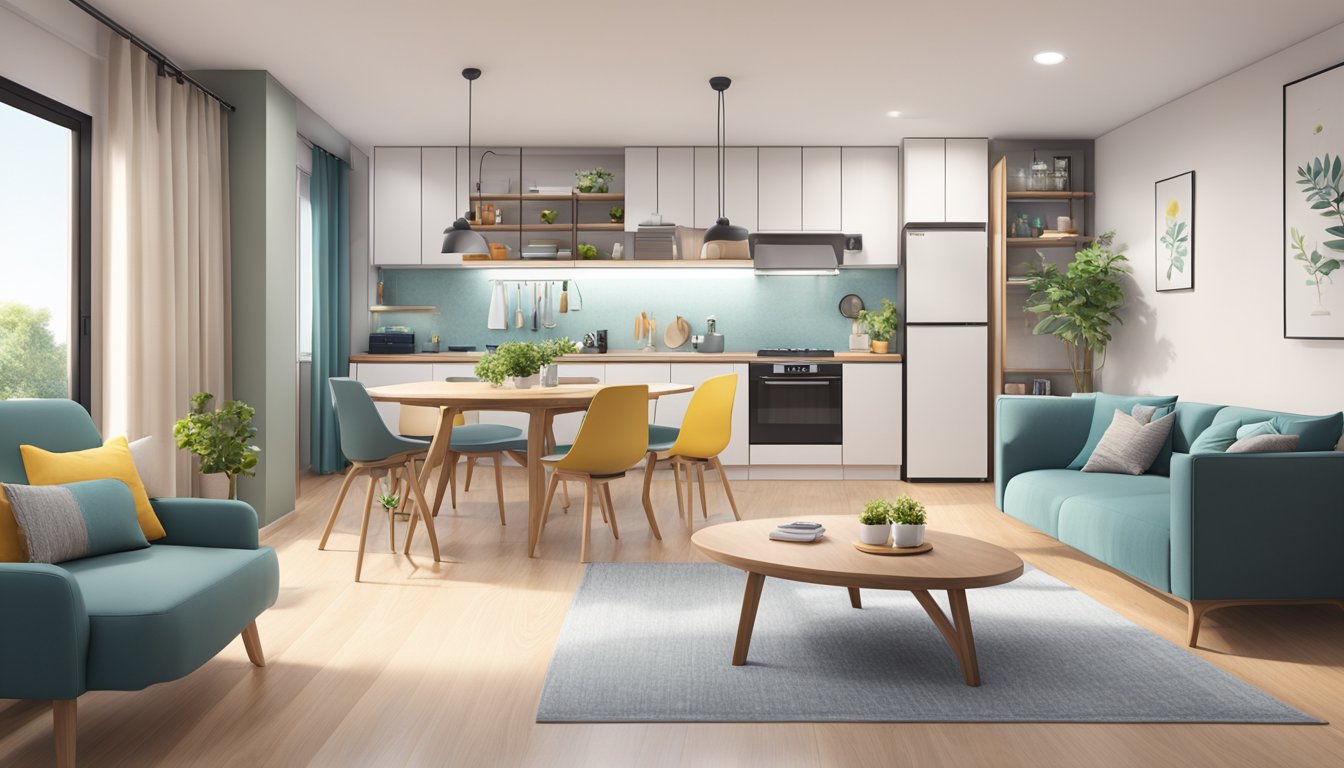 A cozy HDB living room with space-saving furniture, natural light, and pops of color. A functional kitchen with modern appliances and clever storage solutions