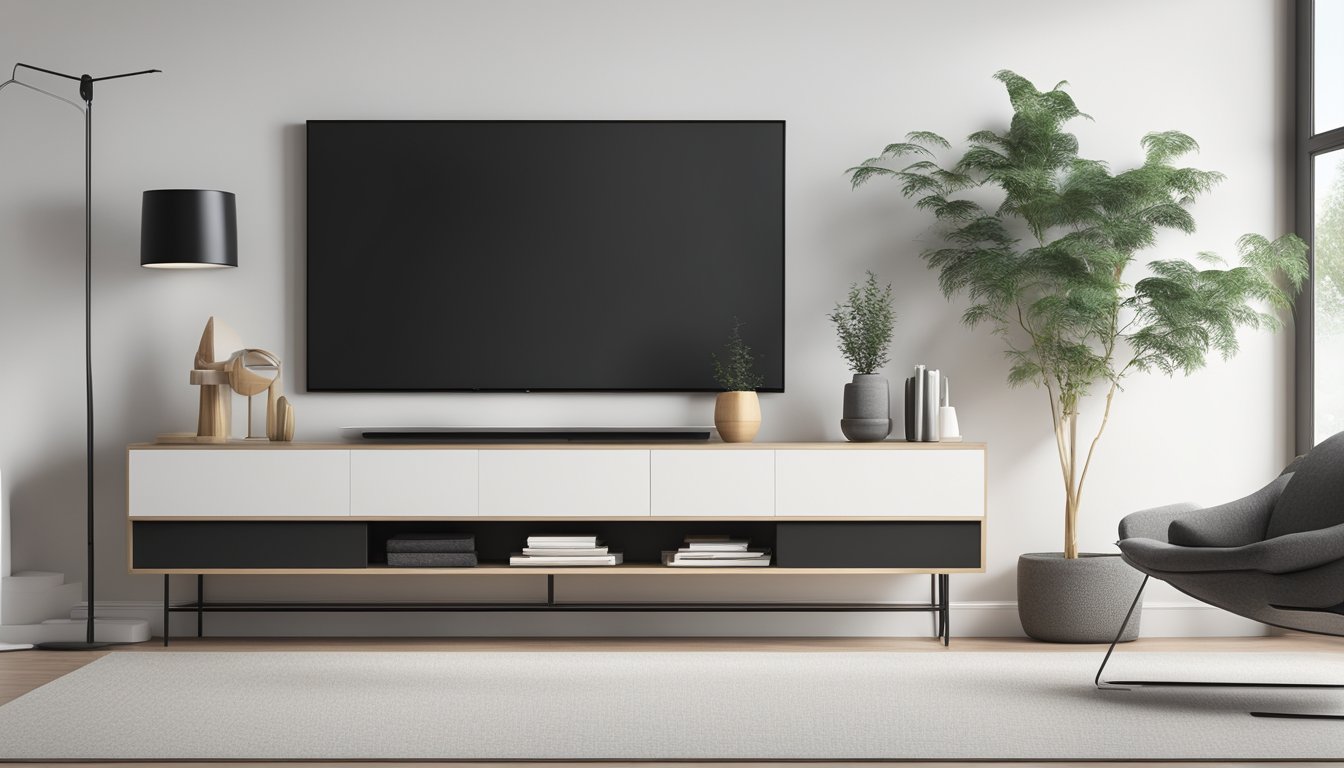 A modern living room with a sleek, minimalistic slim TV console against a clean, white wall, with a few decorative items placed on top