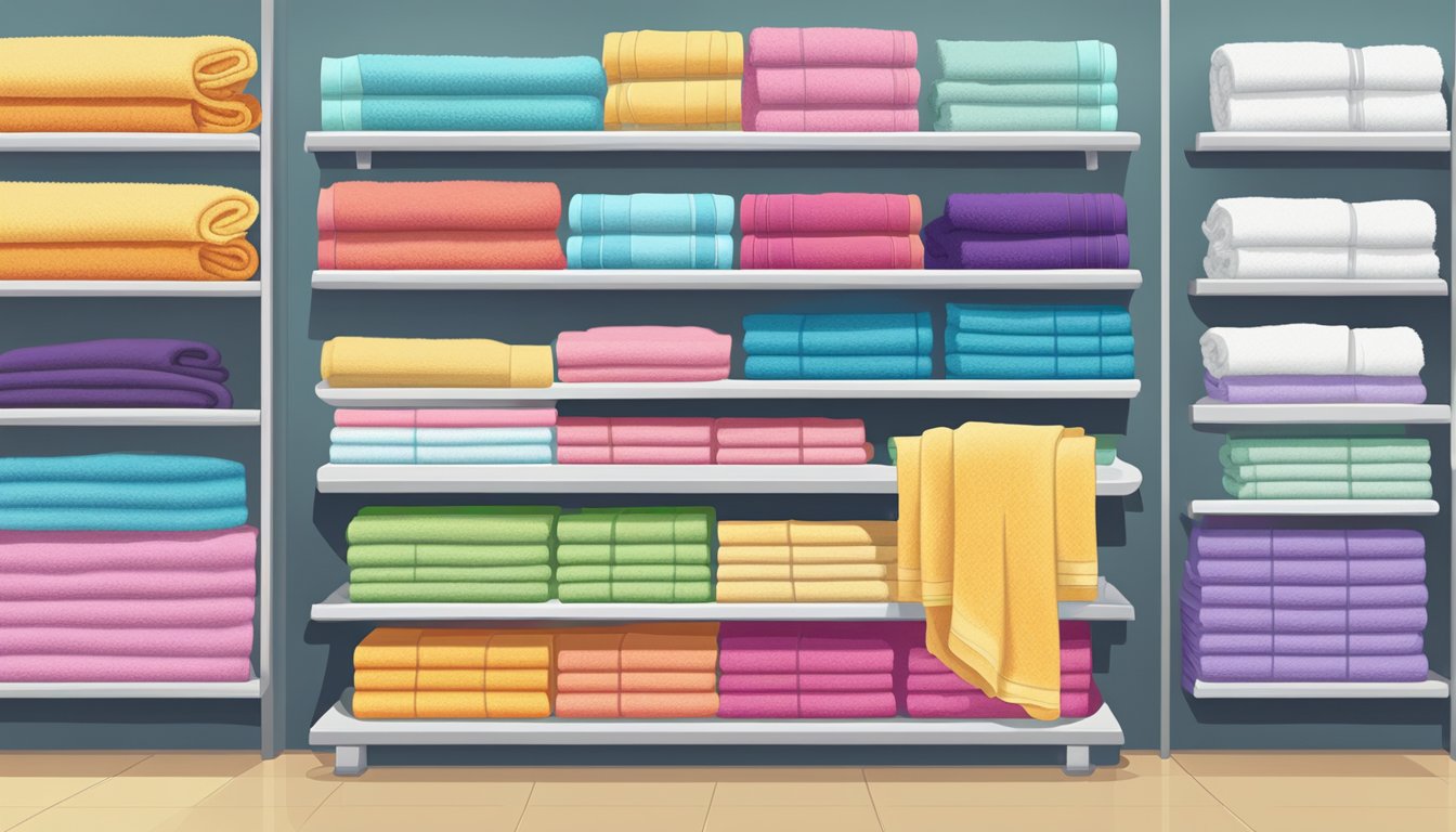 A shelf stocked with colorful, budget-friendly towels in a Singaporean store