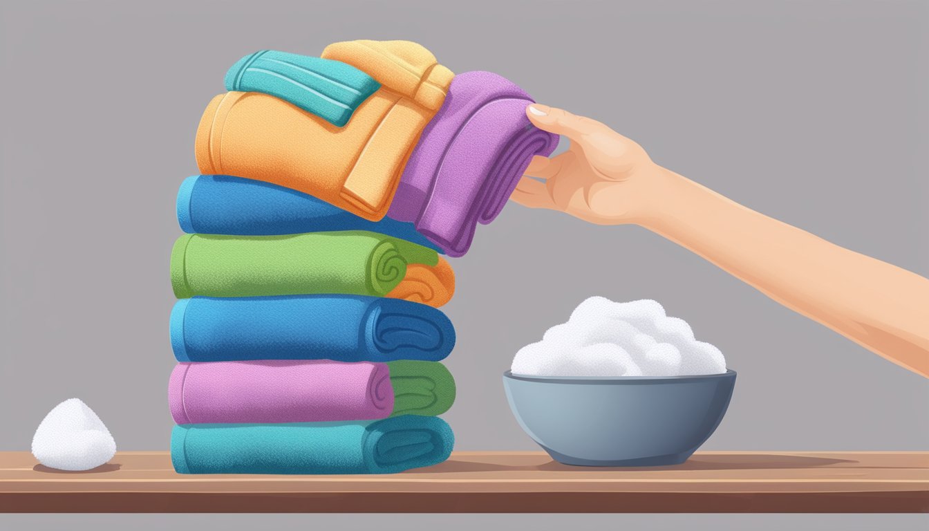 A hand reaches for a stack of colorful towels, evaluating their softness and absorbency. Labels display different price points and quality ratings