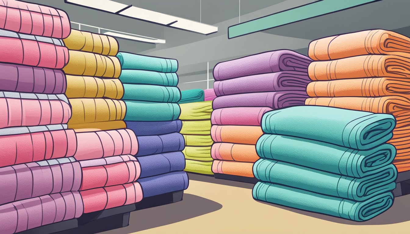 A stack of colorful towels with a "Frequently Asked Questions" sign in a Singaporean store