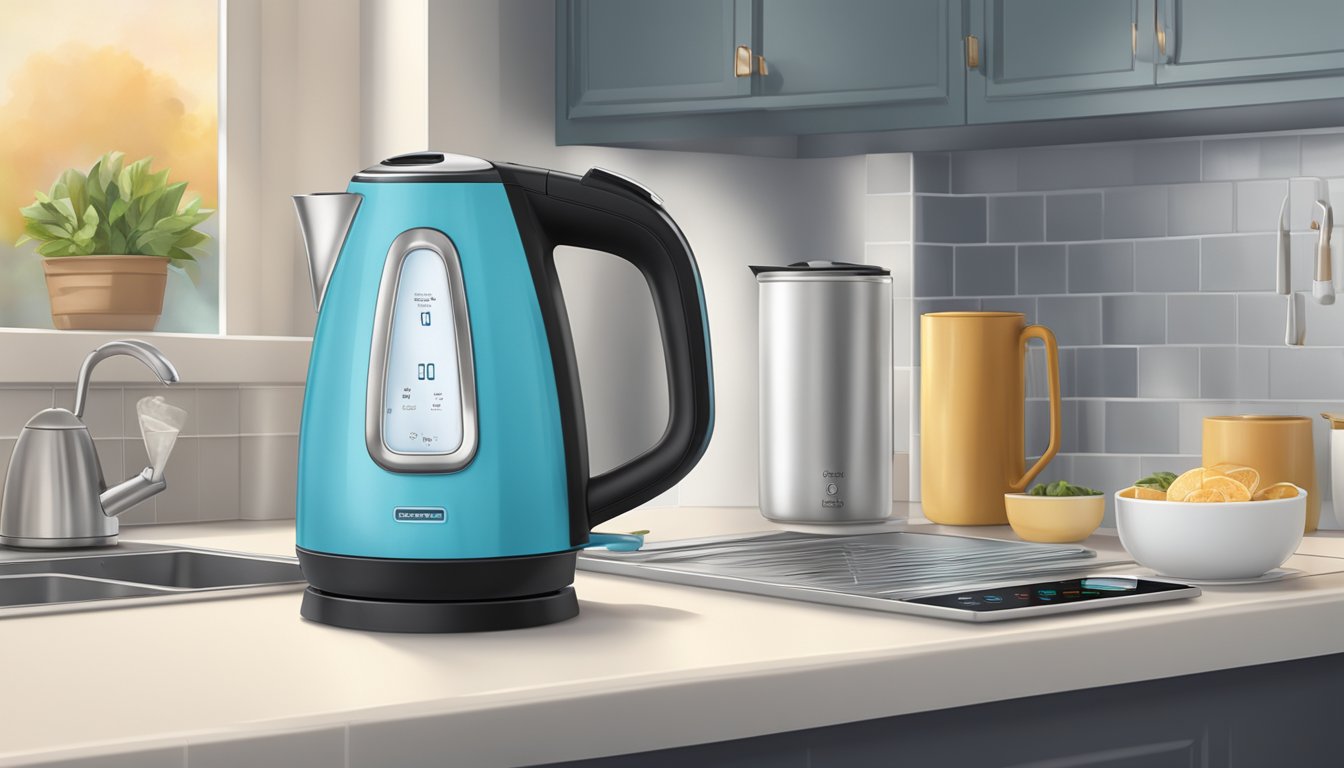 An electronic kettle sits on a kitchen counter, steam rising from its spout as it heats water. The "Frequently Asked Questions" label is visible on its control panel