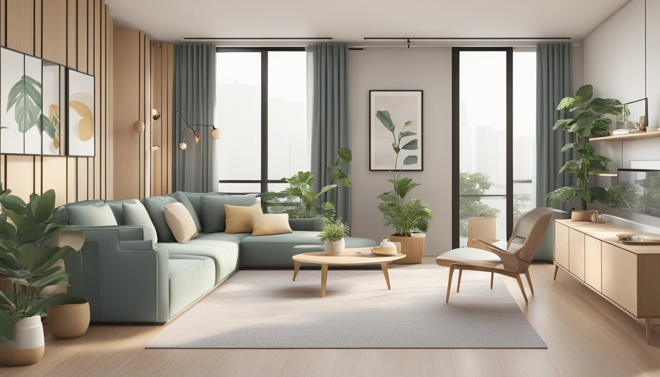 A modern HDB interior with minimalist furniture and natural materials, featuring trends like sustainable design and biophilic elements