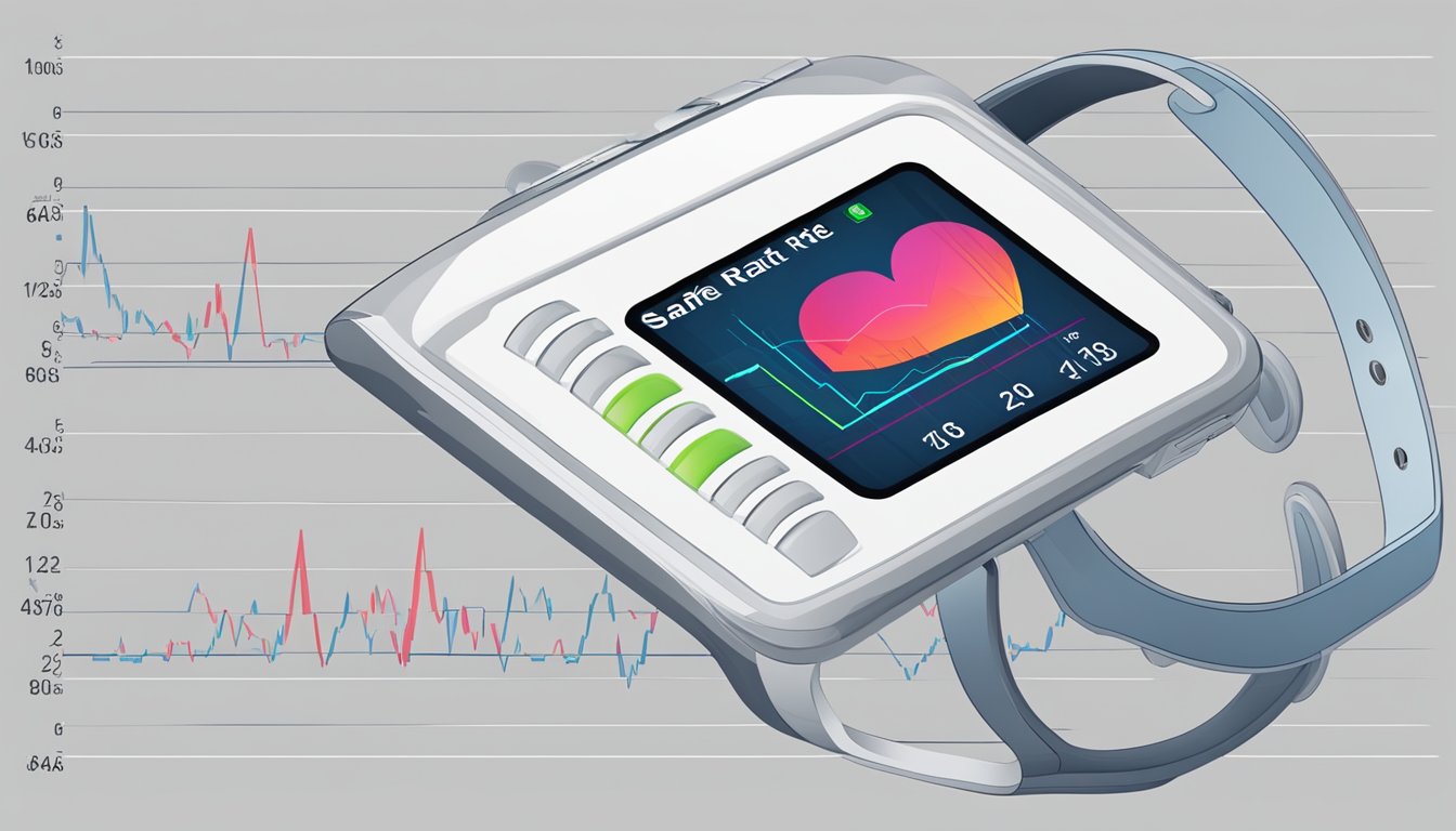 A heart rate monitor displaying a safe maximum heart rate during exercise, with a chart or graph showing the principles of safe heart rate guidelines