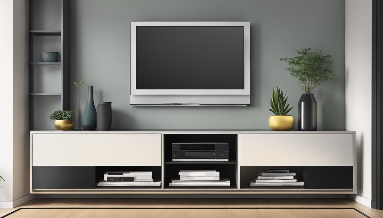 A sleek, modern slim TV console with clean lines and a minimalist design, featuring open shelving and a smooth, glossy finish