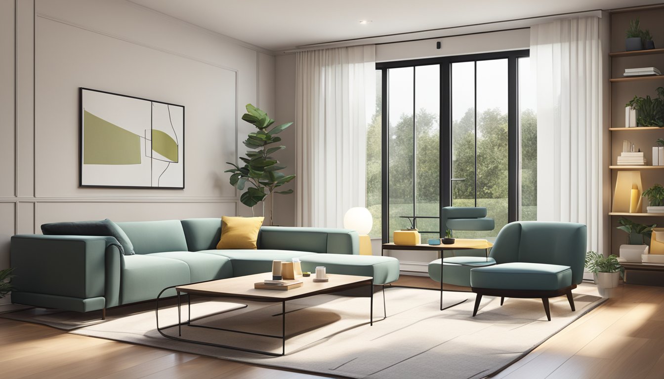 A modern living room with sleek furniture and minimalist decor, featuring a built-in wall unit with integrated storage and a large window providing natural light