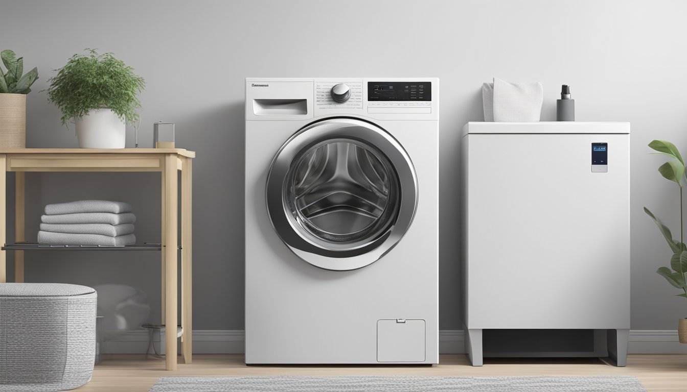 A front load washing machine, approximately 3 feet tall and 2.5 feet wide, sits against a white wall with a silver handle and digital display