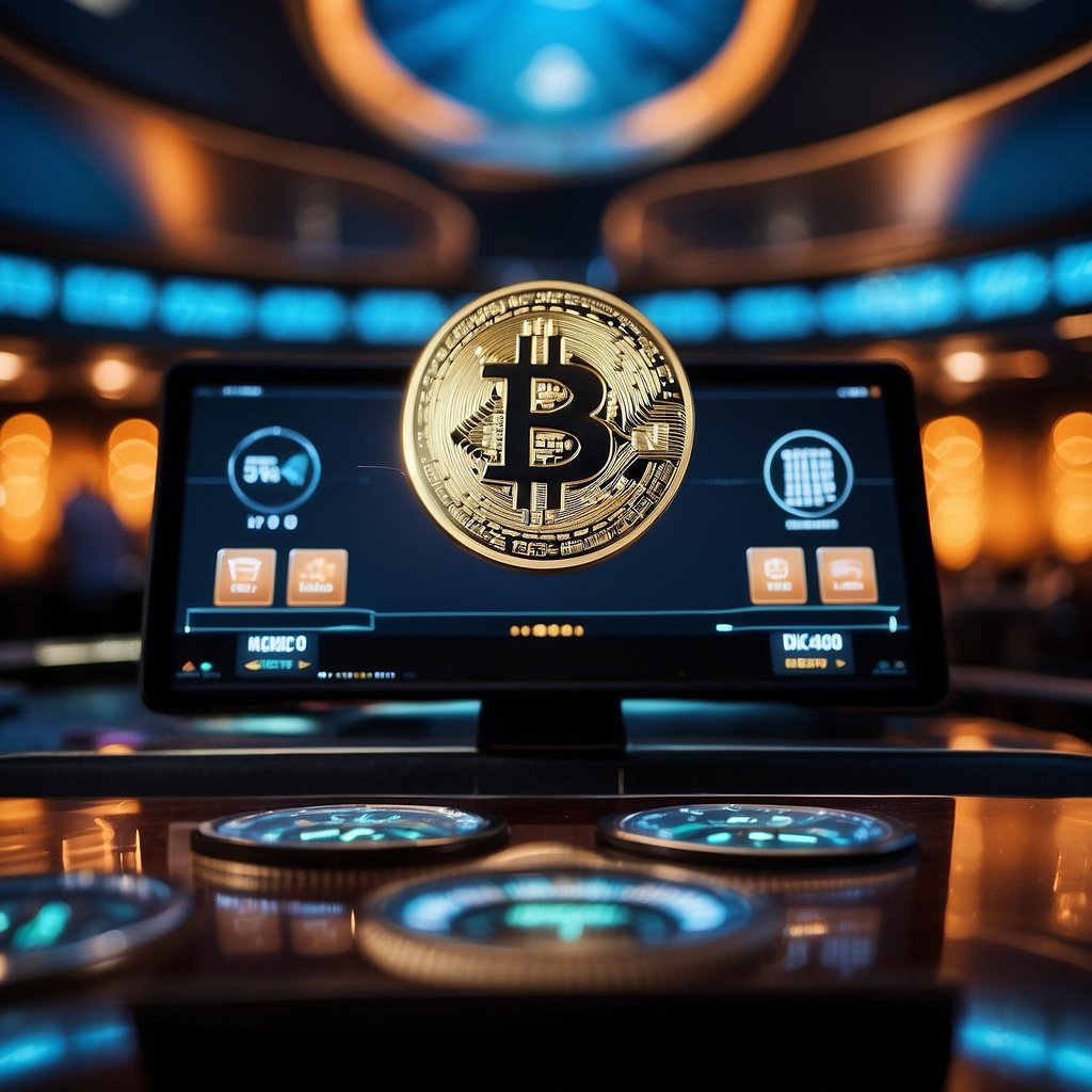A sleek, modern casino setting with a prominent Bitcoin logo, digital screens displaying cryptocurrency charts, and a secure, encrypted atmosphere