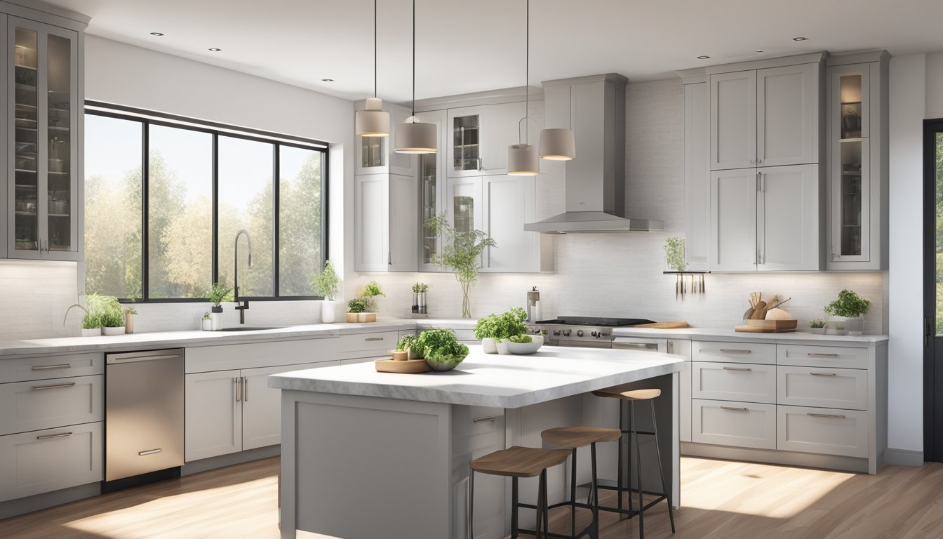 A kitchen with modern, white cabinets, sleek hardware, and quartz countertops. Light streams in through large windows, illuminating the clean, minimalist design