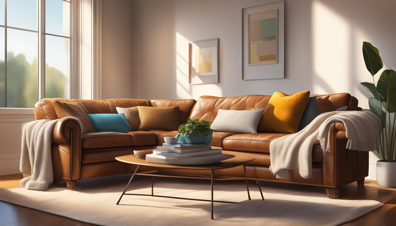 A genuine leather sofa sits in a sunlit room, adorned with plush cushions and a cozy throw blanket