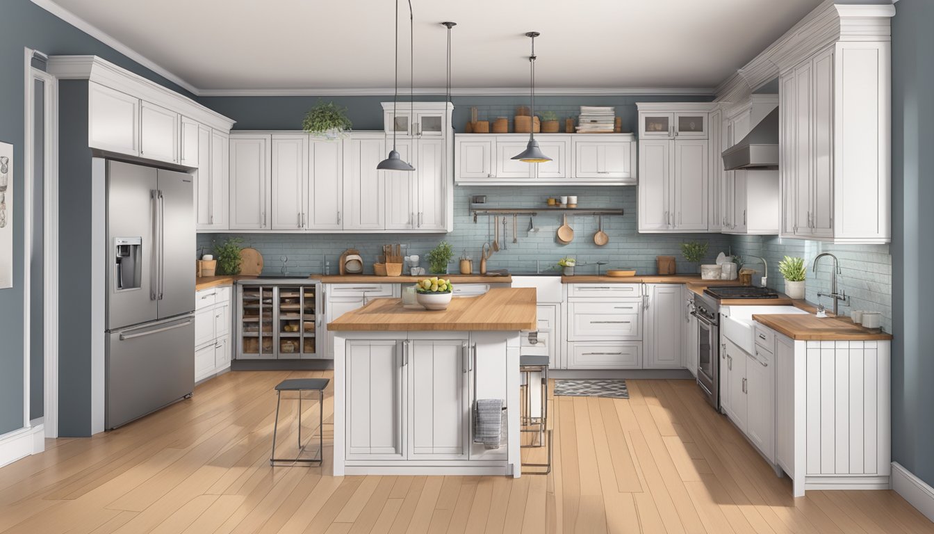 A kitchen with various cabinet styles and materials, alongside price tags and cost breakdowns displayed nearby