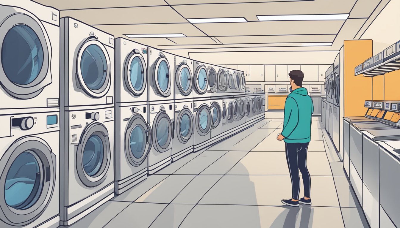 A person selects a front load washer from a row of machines in a spacious, well-lit appliance store