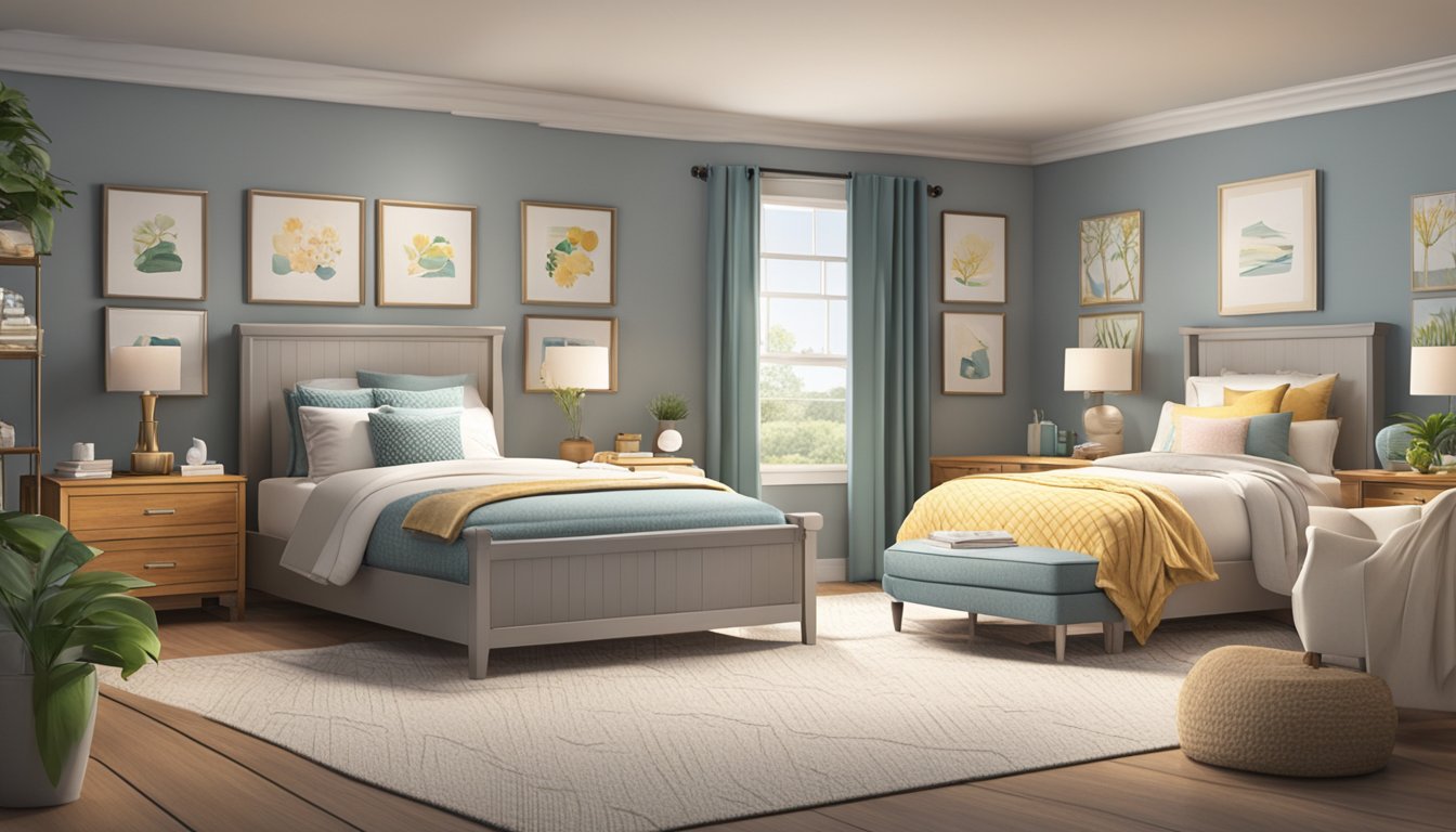 A cozy bedroom with a variety of beds on display, each showcasing different styles and sizes. Bright lighting and inviting decor create a warm and welcoming atmosphere for customers to explore