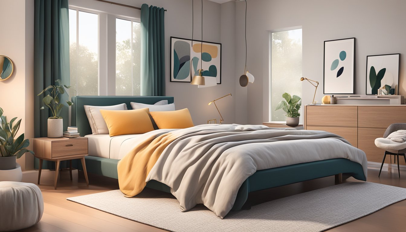 A cozy bedroom with a plush duvet, fluffy pillows, and a sleek, modern bed frame. A soft, warm throw blanket is draped over the foot of the bed, and a few decorative cushions add a pop of color