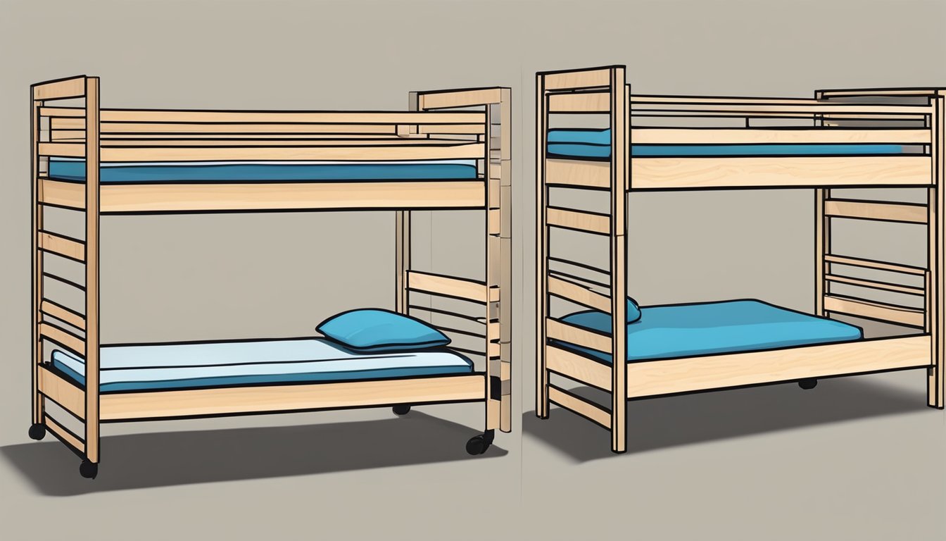 Two-tiered bunk bed, sturdy wood frame, twin-sized mattresses, ladder on the side, with safety railing on the top bunk