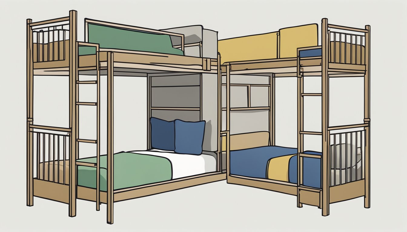 Two bunk beds of different sizes are placed side by side. The larger bunk bed is taller and wider, while the smaller bunk bed is shorter and narrower