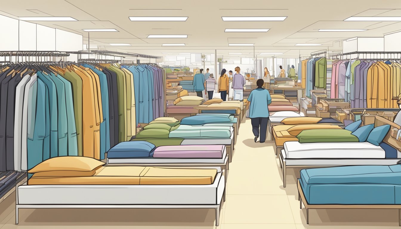 A row of assorted beds with price tags, surrounded by customers browsing and sales staff assisting